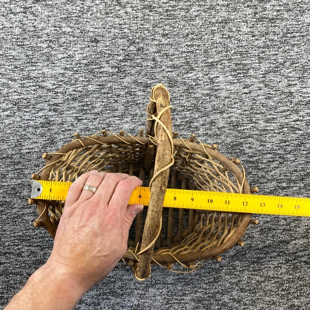 Old Rustic Twig Woven Basket Natural Vine Handle Folk Art Country Decor